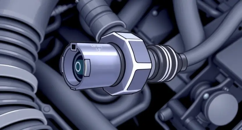 A close-up, detailed illustration of an engine coolant temperature sensor. The sensor should be clearly visible, with its electrical connector and wiring. In the background, subtly depict engine components like hoses and a portion of the engine block, suggesting its location. Focus on the sensor's physical characteristics and wiring connections.