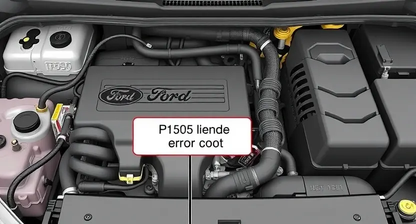 A detailed technical illustration of a Ford vehicle engine compartment showing the engine control unit and wiring harness with a highlighted P1505 error code indicator, clean and professional, no text or numbers visible