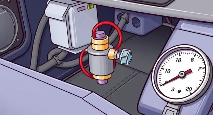 A detailed illustration of a car's pressure solenoid circuit, focusing on the solenoid itself, wiring, and the pressure gauge. The scene should be clean and well-lit, highlighting the components.