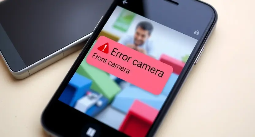 A close-up illustration of a smartphone displaying an error message related to the front camera. The phone's screen should show a visual representation of a camera malfunction, perhaps with distorted image or a broken camera icon. The background should be a blurred view of a modern smartphone.