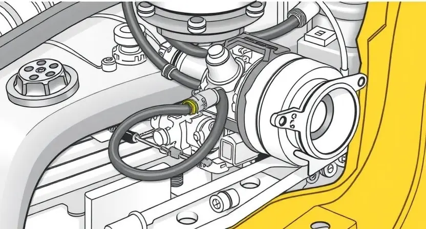 A detailed illustration of a power steering (power steering) system with a pressure sensor. The sensor should be clearly visible, connected to a hydraulic line, and integrated into the system's components. The background should be a clean, technical environment.