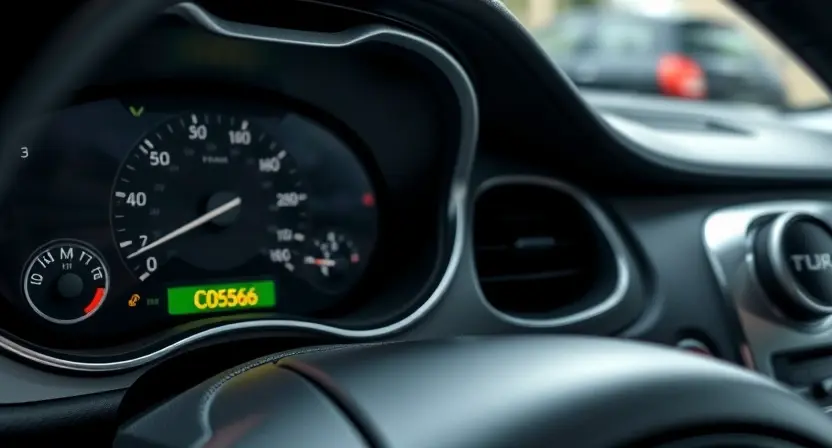 A close-up, detailed illustration of a car's dashboard with a highlighted error message 'C0566' displayed on the instrument cluster. The background should show a blurred view of the car's interior, focusing on the handbrake lever and surrounding components. The overall lighting should be realistic and focused on the dashboard area.