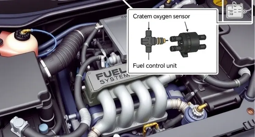 A detailed illustration of an engine bay with a focus on the fuel system. Include a diagram highlighting the oxygen sensor and its connection to the engine control unit (ECU). Show various engine components like the intake manifold, fuel injectors, and catalytic converter. The image should be realistic and informative, suitable for a technical manual.