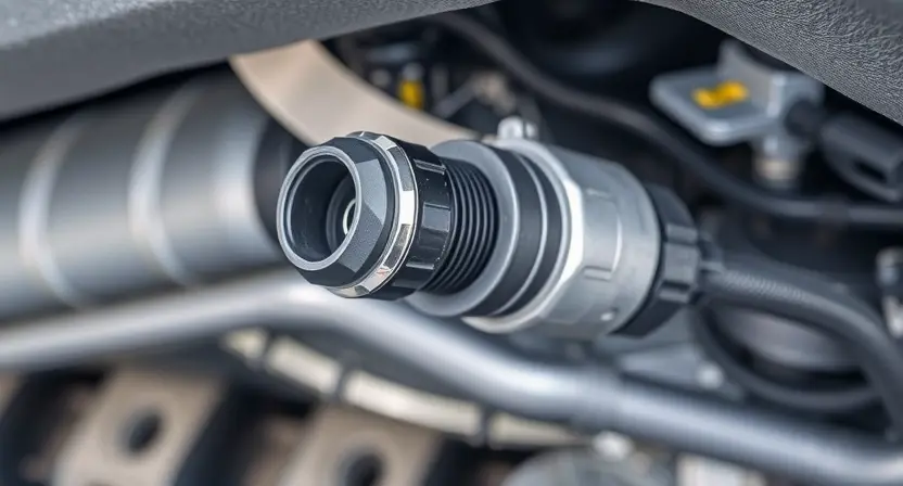 A close-up, detailed illustration of an oxygen sensor in a car's exhaust system. The sensor should be clearly visible, with wires connected to it. The background should show a portion of the engine compartment, subtly blurred to keep the focus on the sensor. The overall lighting should be bright and clean, highlighting the sensor's components.