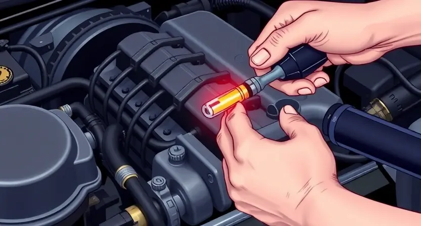 A close-up, detailed illustration of a car engine bay. Focus on the temperature sensor wiring and connections. Show a mechanic's hands carefully inspecting the wiring with diagnostic tools. The engine should be clean and well-maintained. Highlight the sensor itself with a subtle glow to indicate its importance.