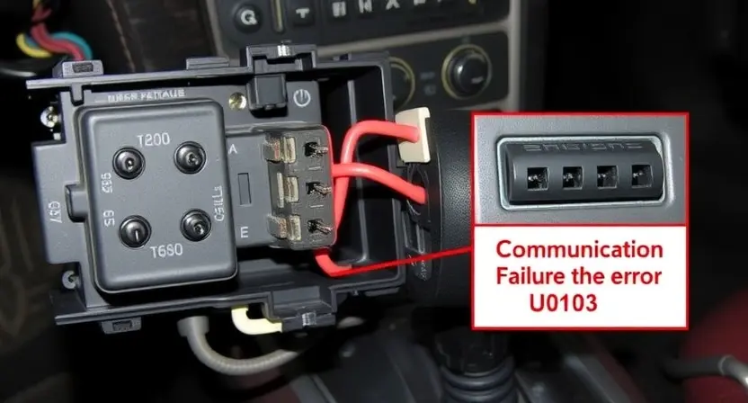A close-up of a car's electronic gear selector module with visible wiring harnesses and connectors, showing signs of damage such as frayed wires, corroded terminals, or loose connections, set against a dimly lit automotive interior background, emphasizing the communication failure indicated by error U0103