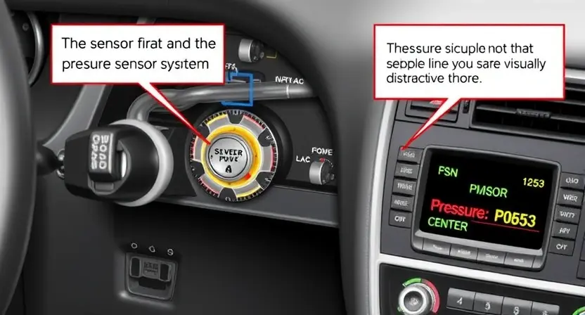 A detailed illustration of a car's power steering system with a highlighted pressure sensor and a diagnostic error code P0553 displayed on a dashboard. The sensor should be visually distinct and clearly labeled.