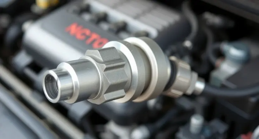 A close-up, detailed illustration of a car's oxygen sensor. The sensor should be clearly visible, with its wiring and connection points highlighted. The background should be a slightly blurred automotive engine bay, suggesting a vehicle environment. Focus on the sensor's physical components and its connection to the car's system.