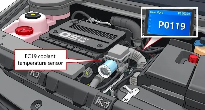 A detailed illustration of a car engine with a focus on the coolant temperature sensor and its connection to the engine control unit (ECU). The image should clearly show the sensor's location, wiring, and the ECU's interface. Include visual cues representing a P0119 error code, such as a subtle warning light on the dashboard or a diagnostic screen displaying the code. The overall aesthetic should be clean and informative, suitable for a technical guide.