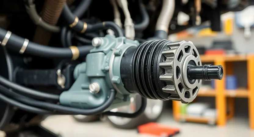 A close-up, detailed photograph of an automotive power steering rack and pump assembly. Focus on the connections, hoses, and electrical connectors. The background should be blurred, suggesting a workshop environment. The lighting should be bright and even, highlighting the components' textures and details.