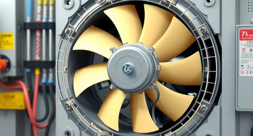 A close-up, detailed illustration of a high-voltage cooling fan inside an electrical panel. The fan should be prominently displayed, showing its blades and motor. Focus on the cooling mechanism and internal components. The background should be blurred, suggesting an electrical system environment.