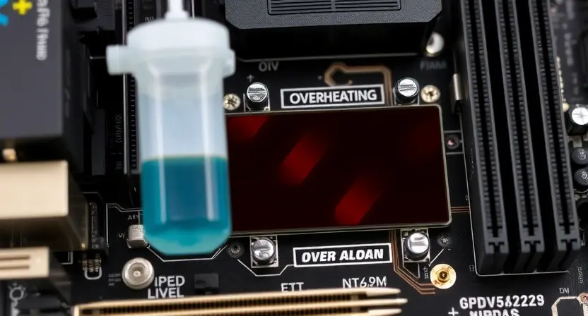 A computer motherboard with a low level of coolant, showing signs of overheating. Focus on the coolant reservoir and the surrounding components. The image should convey a sense of warning and potential danger.