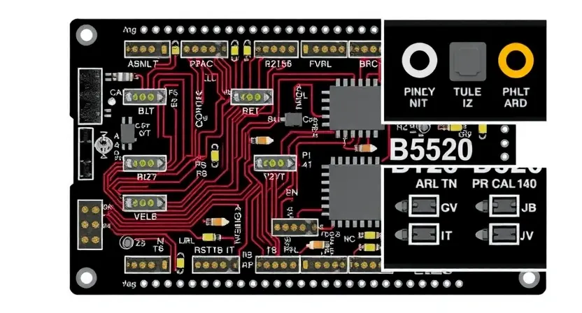 A detailed schematic diagram of a background multi-color lighting controller circuit board, highlighting the B2520 error. Include zoomed-in sections showing specific components like LEDs, resistors, and integrated circuits. The diagram should be clean, well-labeled, and visually represent the circuit's functionality.