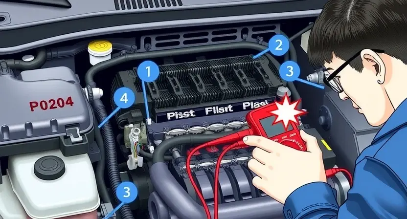 A detailed illustration of an automotive engine bay with a focus on the wiring harness and connectors. Highlight the P0204 error code indicator light on the dashboard. Show a mechanic inspecting the electrical connections with a multimeter.