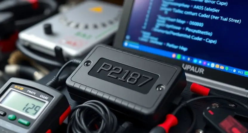 A close-up, detailed image of a car's engine control unit (ECU) with diagnostic codes displayed on a connected laptop screen. The ECU should be surrounded by various automotive tools like a scan tool and a multimeter. Focus on the digital display showing the P2187 error code.