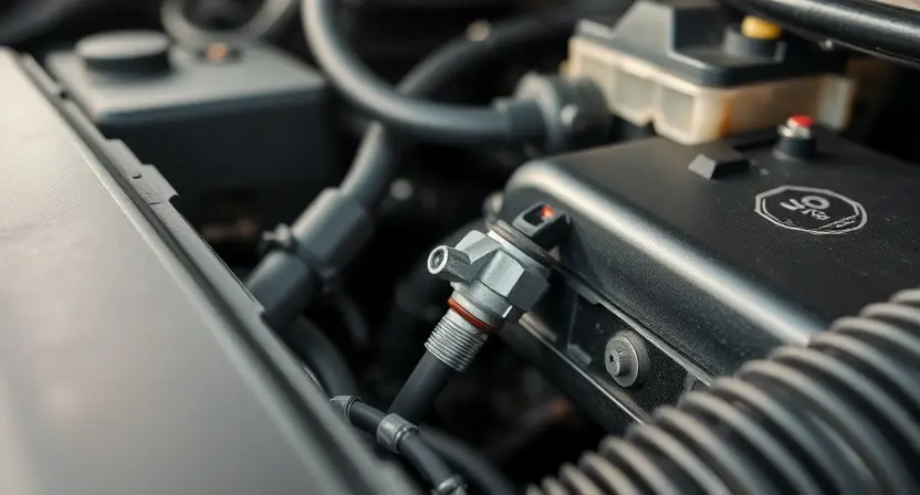 A close-up shot of an automotive engine bay, focusing on the area where a temperature sensor is located. The sensor should be clearly visible, along with some wiring and connectors. The background should be slightly blurred to emphasize the sensor. The overall lighting should be bright and realistic.
