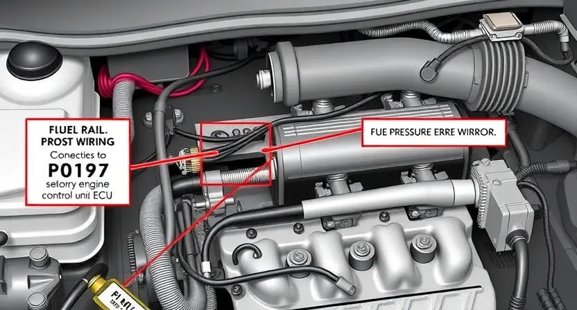A detailed illustration of an automotive engine bay, focusing on the sensor and wiring related to the P0197 error code. Include a visual representation of the fuel rail and fuel pressure regulator. The image should clearly depict the sensor and its connection to the engine control unit (ECU).