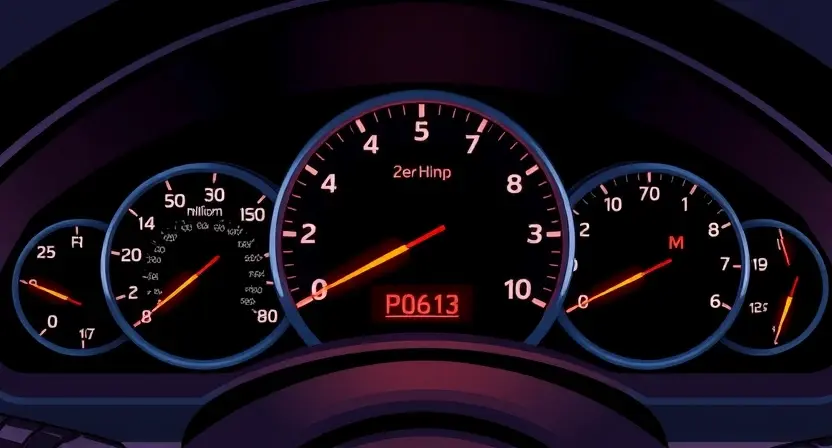A detailed illustration of a car's dashboard with a diagnostic code light illuminated, specifically the P0613 code. The dashboard should show various gauges and indicators, highlighting the area where the code is displayed. Focus on clarity and accuracy in representing the dashboard elements.