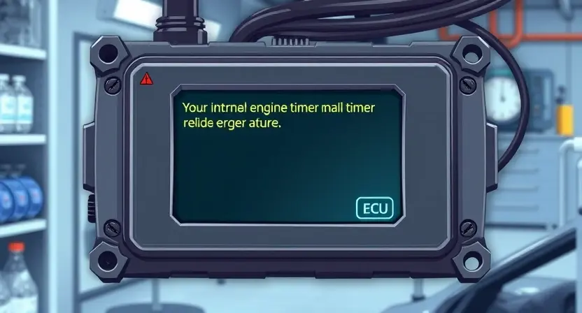A detailed illustration of an electronic control unit (ECU) displaying an error message related to the internal engine timer failure. The ECU should be depicted with visible circuitry and diagnostic indicators. The background should be a clean, technical environment, possibly a workshop or laboratory. Focus on clarity and precision in representing the technical components.