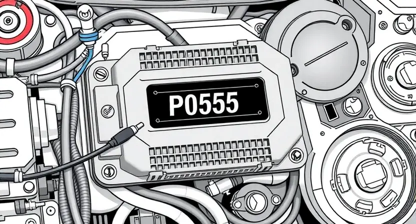 A detailed illustration of an automotive engine control unit (ECU) with a diagnostic code P0565 highlighted. The ECU should be surrounded by various automotive components like sensors, wiring harnesses, and a dashboard. The image should convey a sense of technical complexity and precision.