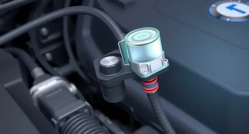 A close-up, detailed illustration of a vehicle's AdBlue tank sensor and wiring. The sensor should be clearly visible, connected to the wiring harness. The background should show a portion of the engine compartment, subtly suggesting a car. Focus on the sensor and its connection to the electrical system. The image should convey a sense of technical precision and diagnostic focus.