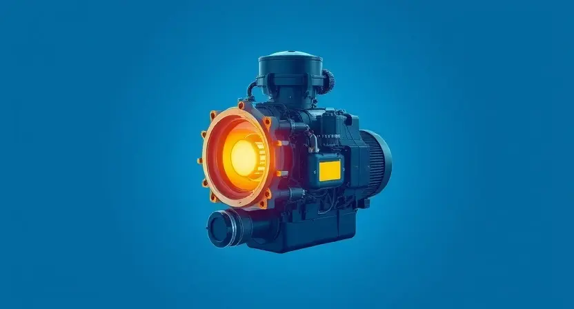 A high-quality technical illustration showing a modern diesel engine with a glowing particulate filter, clean blue background, minimalistic design, no text or numbers, no human figures, no logos, no UI elements