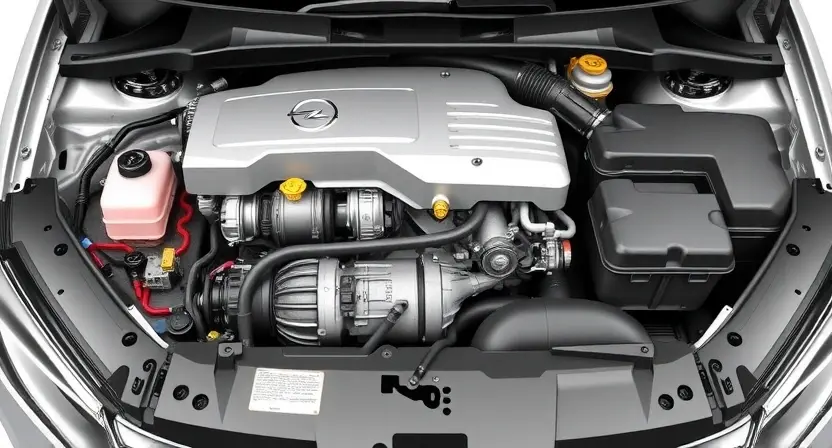A detailed illustration of an Opel car's throttle body system components. The image should clearly show the throttle body, its position within the engine bay, and the associated sensors and wiring. Focus on the components related to P1526 error, such as the throttle position sensor and any potential areas of malfunction. The image should be realistic and informative, suitable for a repair manual or diagnostic guide. The engine bay should be clean and well-lit, allowing for easy identification of