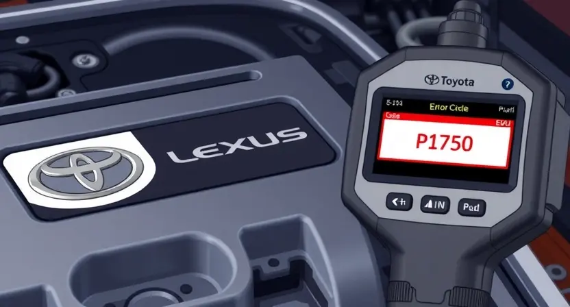 A detailed illustration of a Toyota or Lexus vehicle's engine control unit (ECU) with a highlighted error code P1750 displayed on a connected diagnostic scan tool. The background should subtly suggest a workshop environment. Focus on the ECU and the scan tool interface showing the error code.