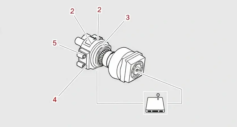 A detailed illustration of a steering angle sensor, highlighting its components and connections. The sensor should be depicted in a technical drawing style, with clear labels for each part. Include a diagram showing how the sensor communicates with the vehicle's control unit.