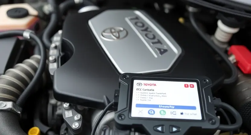 A close-up, detailed shot of a Toyota engine bay. Focus on the engine control unit (ECU) and related sensors. The engine should appear clean and well-maintained. Subtle visual cues suggesting a diagnostic scan tool connected to the ECU could be included, but without displaying any specific error codes. The overall lighting should be bright and professional, highlighting the components.