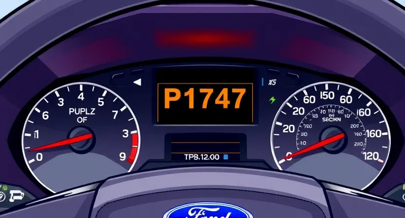 A detailed illustration of a Ford vehicle's dashboard with the P1747 error code illuminated on the display. The dashboard should show various gauges and warning lights, with a clear focus on the error message. The image should convey a sense of automotive diagnostics and potential issues.