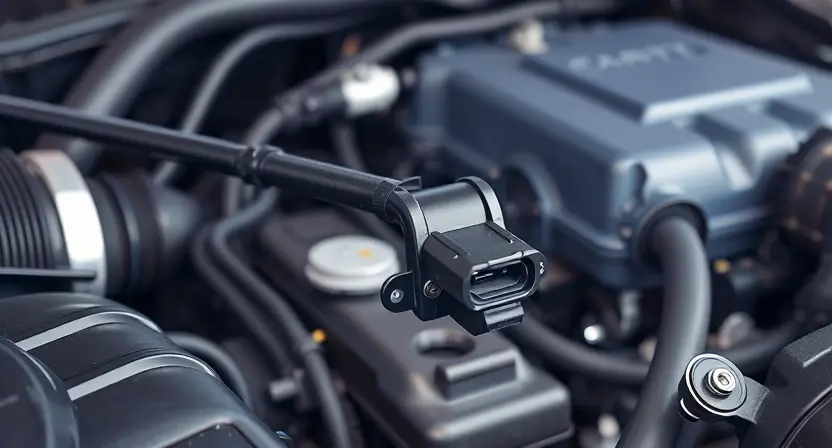 A close-up, detailed illustration of an engine bay with a focus on the mass airflow sensor (MAF sensor). The sensor should be clearly visible, with surrounding hoses and wiring. The overall lighting should be bright and clean, emphasizing the mechanical components. The background should be slightly blurred to keep the focus on the sensor.