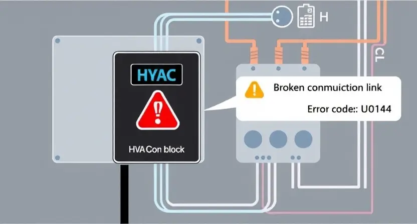 A technical illustration showing a HVAC control block with a broken communication link, represented by a red warning icon or broken line connecting to a central control panel, surrounded by schematic wiring and error code U0164 highlighted, clean technical diagram style