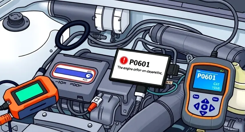 A detailed illustration of a car's engine control unit (ECU) with diagnostic tools connected, highlighting the P0601 error code displayed on a screen. The background should be a clean, technical environment.
