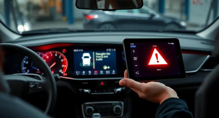 A modern car interior dashboard with warning lights illuminated, a digital display showing a navigation block error icon, a mechanic's hand holding a diagnostic tablet, abstract representation of a broken connection line between a car's navigation unit and control module, clean technical illustration, high detail, no text or numbers on the image