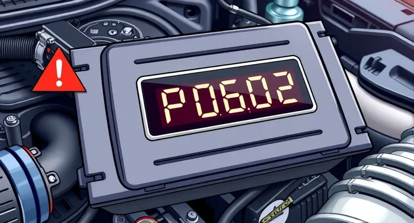 A detailed illustration of a car's engine control unit (ECU) with a highlighted error code P0602. The ECU should be visually complex, showing various components and wiring. The error code should be clearly displayed on a digital readout within the ECU. The background should be a slightly blurred automotive workshop environment.