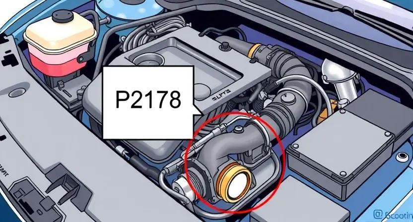 A detailed illustration of a car's engine bay with a highlighted sensor or component related to the P2178 error code. Focus on the relevant part of the engine, showing its connections and surrounding elements. The image should convey a sense of technical inspection and diagnosis.