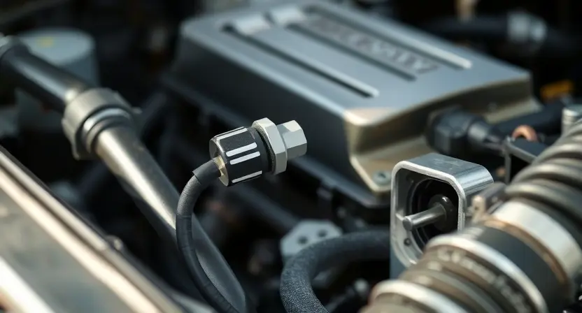 A close-up, detailed illustration of a car engine bay, focusing on the coolant temperature sensor. The sensor should be clearly visible, along with nearby hoses and engine components. The overall lighting should be bright and clean, emphasizing the mechanical details. The background should be slightly blurred to keep the focus on the sensor.