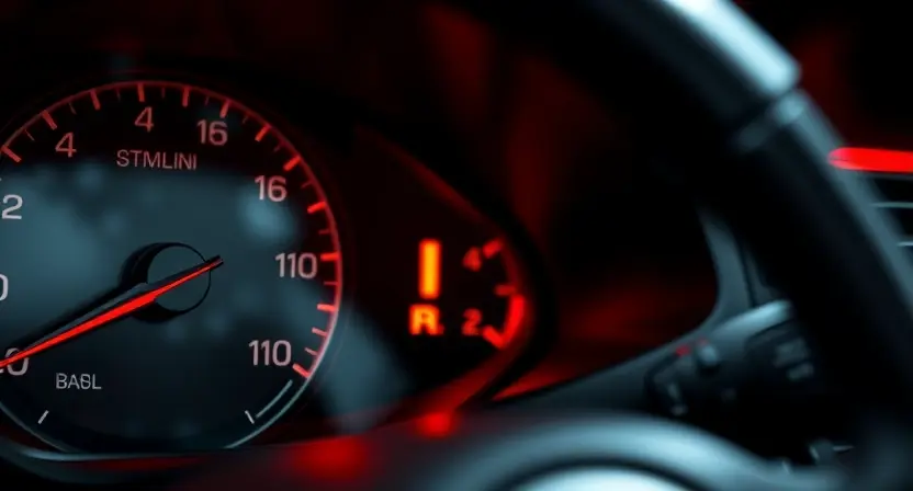 A close-up shot of a car's dashboard, focusing on the instrument cluster and the cruise control indicator light. The indicator light should be illuminated with a warning symbol (e.g., an exclamation point inside a circle). The background should show a slightly blurred view of the car's interior, emphasizing the dashboard and steering wheel. The overall lighting should be realistic and highlight the details of the dashboard components.