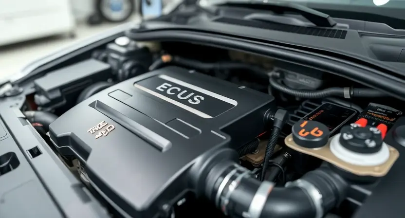 A close-up, detailed image of a car's engine bay. Focus on the engine control unit (ECU) and related sensors. The engine should appear clean and well-maintained. The background should be slightly blurred, suggesting a garage or workshop environment. The lighting should be bright and even, highlighting the components.