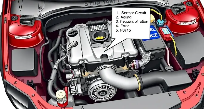A detailed illustration of a car's engine bay, focusing on the sensor circuit for frequency of rotation. Include wiring, sensors, and the engine components. The image should clearly depict the potential cause of the P0715 error code.