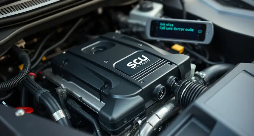 A close-up, detailed image of a car's engine bay, specifically focusing on the engine control unit (ECU) and related wiring. The engine should appear clean and well-maintained. Subtle hints of diagnostic tools (like a scan tool displaying a generic error code, but without legible text) can be included in the background. The overall lighting should be professional and highlight the complexity of the engine components.