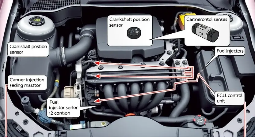 A detailed illustration of a car engine bay, focusing on the fuel injection timing control circuit. Include diagrams showing the components like the crankshaft position sensor, camshaft position sensor, fuel injectors, and the ECU (Engine Control Unit). The circuit should be visually represented with lines and arrows indicating the flow of electrical signals. The overall style should be technical and informative, suitable for a repair manual.