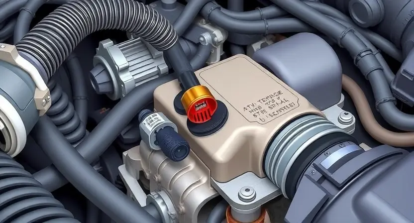 A detailed illustration of a car's engine bay, focusing on the area where the ATF temperature sensor is located. The sensor is visibly damaged, with a broken wire or connector. High voltage wires are visible, indicating a high signal. The surrounding components are realistically rendered, showing hoses, pipes, and other engine parts. The lighting should be realistic, highlighting the damaged sensor.