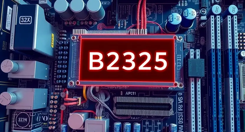 A detailed illustration depicting a computer motherboard with a highlighted error message 'B2325'. The motherboard should be visually complex, showcasing various components like CPU, RAM, and capacitors. The error message should be clearly visible on a screen connected to the motherboard, with a red warning indicator.