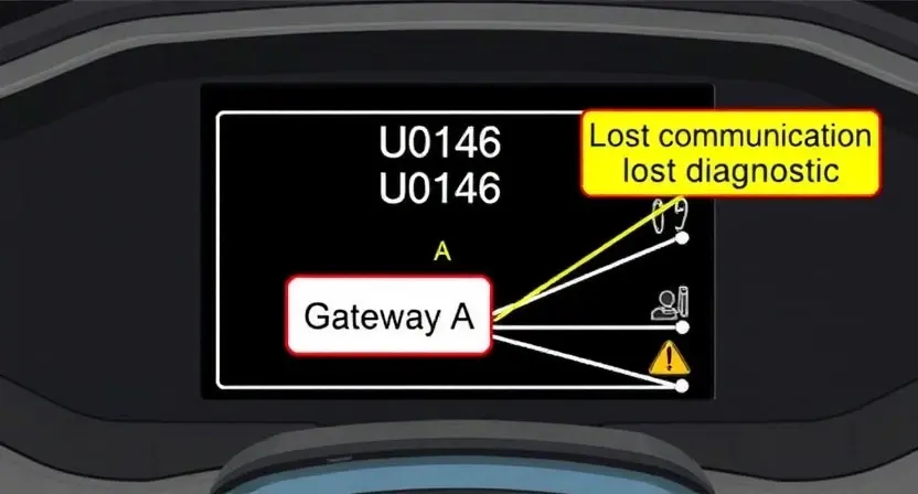 A technical illustration showing a vehicle's onboard diagnostic system displaying error code U0146, with a highlighted gateway module labeled 'Gateway A' and visual indicators of lost communication, such as broken signal lines or warning icons, rendered in a clean, professional style suitable for automotive repair documentation