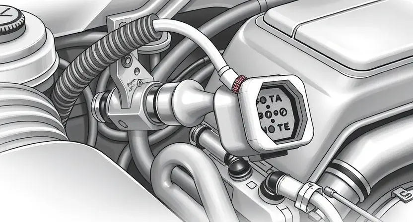 A detailed illustration of an engine bay with a close-up on the fuel injector and electrical connector. The injector should be clearly visible, and the connector should be shown with potential signs of damage (e.g., frayed wires, loose connection). The background should be slightly blurred to emphasize the injector and connector.