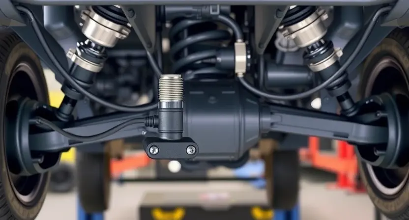 A close-up, detailed illustration of a car's suspension system, specifically highlighting the longitudinal acceleration sensor. The sensor should be clearly visible, connected to the chassis and suspension components. Focus on the sensor's physical appearance and its integration within the system. The background should be blurred, suggesting a workshop environment.