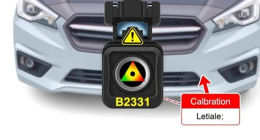 A high-quality technical illustration showing a car's front camera with a calibration error indicator, displaying a warning symbol and error code B2321, clean background, no text or numbers on the image, technical diagram style