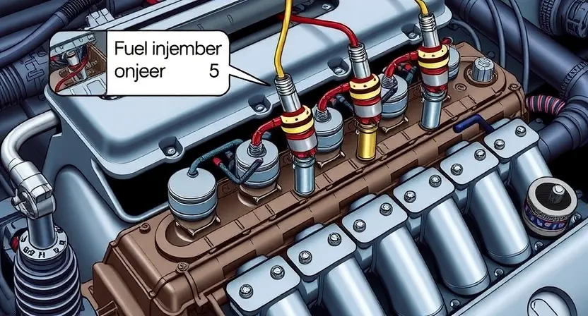 A detailed illustration of an engine cylinder head, focusing on the fuel injector circuit for cylinder number 5. The image should clearly show the injector, its wiring, and the surrounding components. The engine should be depicted in a realistic, technical style.
